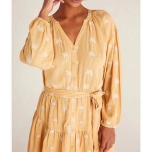 Z Supply Dress M Embroidered Palm Print Button Front Coastal Boho Resort Island